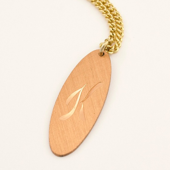 Vintage Letter K Engraved Copper Pendant Necklace Large Oval Gold Plated Chain - Picture 2 of 4